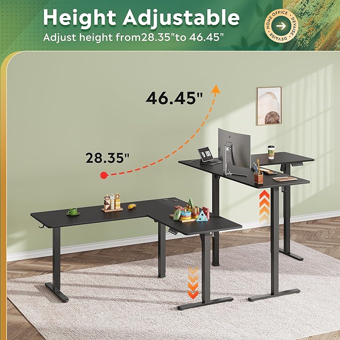 DEVAISE L Shaped Standing Desk Adjustable Height, Dual Motor Electric Corner Standing Desk, 63x55 inch Sit Stand up Home Office Desk with Splice Board, Black