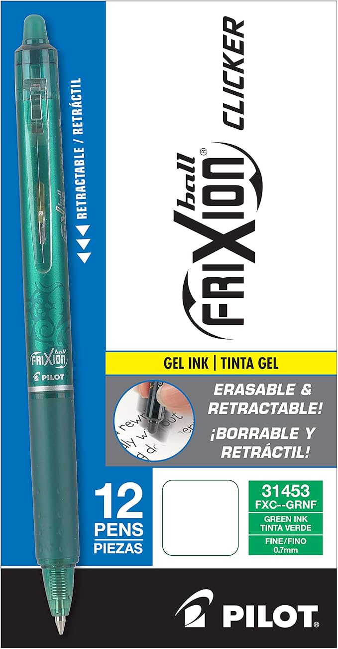 Pilot FriXion Clicker Erasable Gel Pens, Fine Point (0.7mm), Green Ink, 12-Pack - Refillable, Smooth Writing Pens for School, Journaling, and Office Use