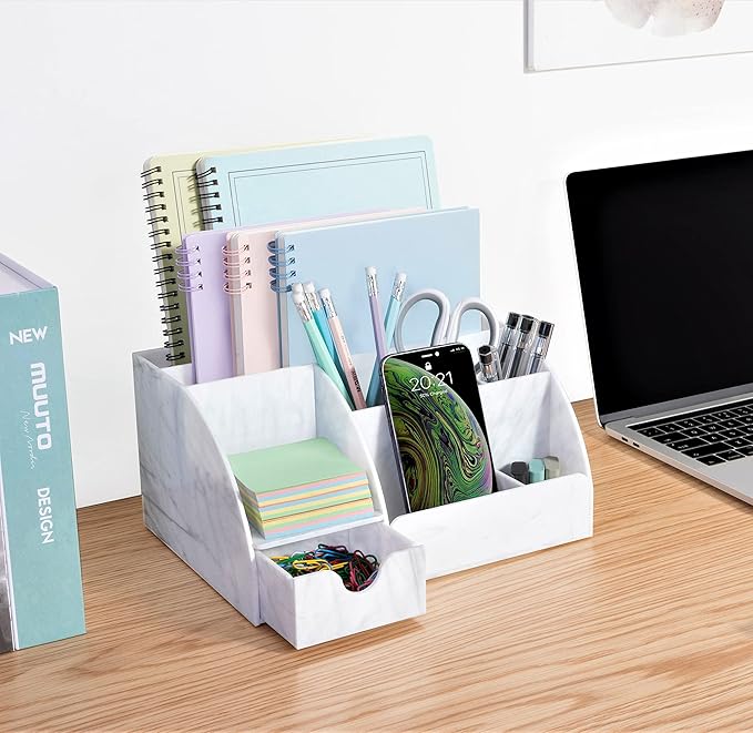 My Space Organizers Marble Desk Organizer For Office Supplies And Accessories - 9 Sections - Pencil Pen Holder Storage - Desktop Organization Decor Essentials (White Grey Marble)
