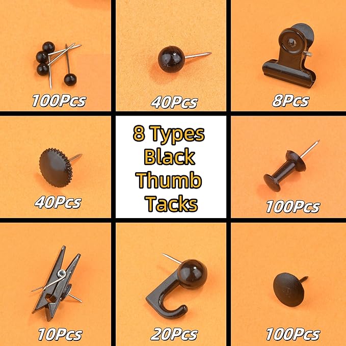 418 Pcs Push Pins Set,8 Types Black Thumb Tacks for Cork Board Bulletin Boards Home Office Accessories