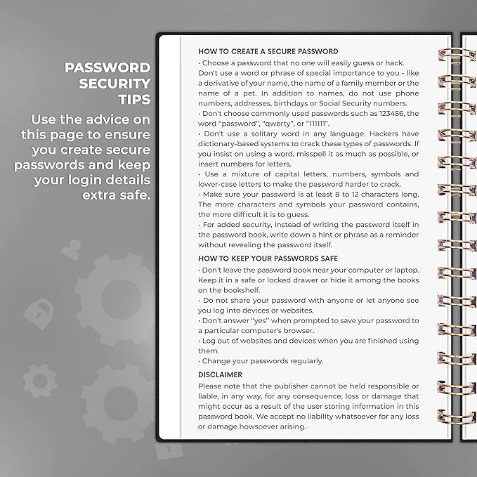 Clever Fox Password Book Spiral – Internet Address & Password Organizer with Laminated Alphabetical Tabs – Password Keeper Journal – Hardcover, Medium Size, 6.1x7.7” (Black)