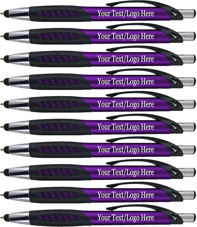 Personalized Pens With Custom Logo or Text-350 Pack Bulk-for Businesses, Parties, and Events, 2 in 1 Ballpoint Pen & Capacitive Stylus for Touchscreen Devices, Click Action, Black Ink, Purple