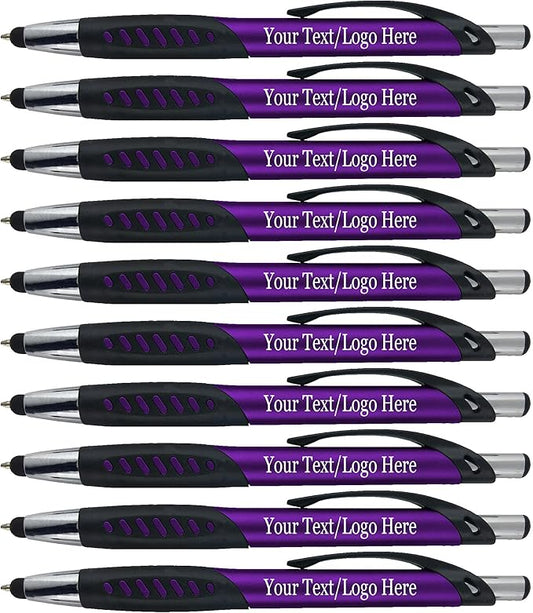 Personalized Pens With Custom Logo or Text-350 Pack Bulk-for Businesses, Parties, and Events, 2 in 1 Ballpoint Pen & Capacitive Stylus for Touchscreen Devices, Click Action, Black Ink, Purple