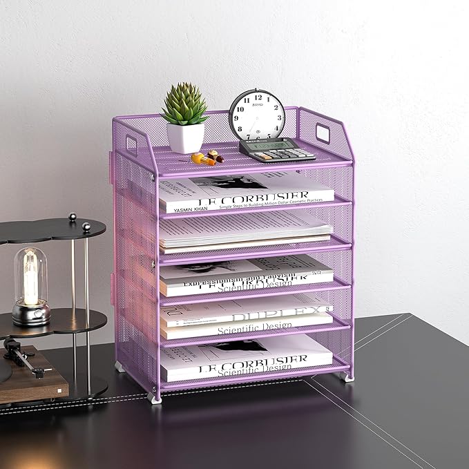 6 Tier Desk Organizer, Heavy-Duty Thick Metal Letter Tray Organizer, Large Capacity Desktop File Organizer for Heavy Files, Easy to Assemble for Home, Office & Classroom,Black,Purple