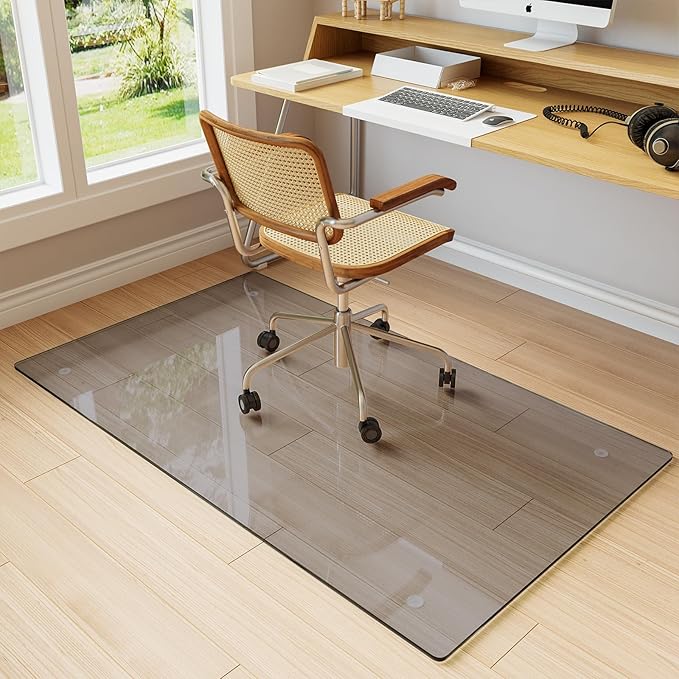 Koonmi Tempered Glass Chair Mat for Hardwood Floors & Carpets, 30" x 55“ Grey Heavy Duty Office Floor Protector, Scratch & Dust Concealing, Noise-Free for Home Office Desk