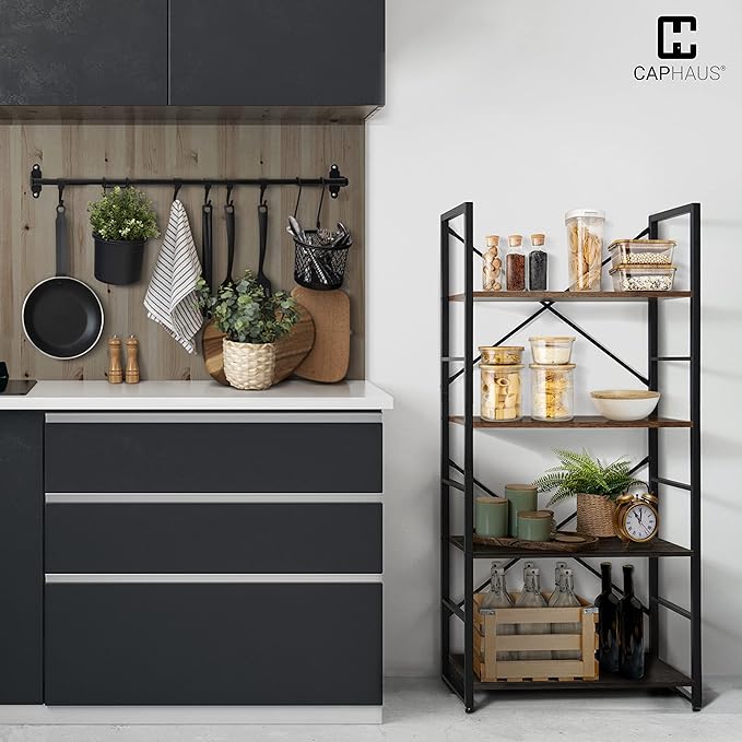 CAPHAUS 4 Tier Bookshelf, 24 Inch Width Free Standing Shelf, Bookcase Shelf Storage Organizer, Industrial Book Shelves for Home Office, Living Room, Kitchen, Rustic Oak Vintage Shelves & Metal Frame