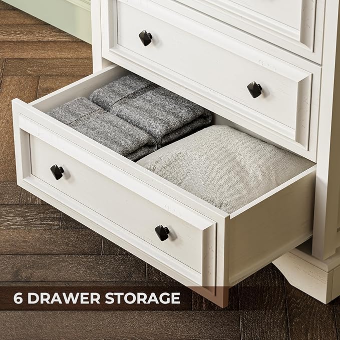 VVFLU Farmhouse 6 Drawer Dresser, 48" Tall White Dresser with Natural Texture & Metal Handles, Storage Drawer Chest for Bedroom, Living Room, Hallway, Vintage Design (Antique White)