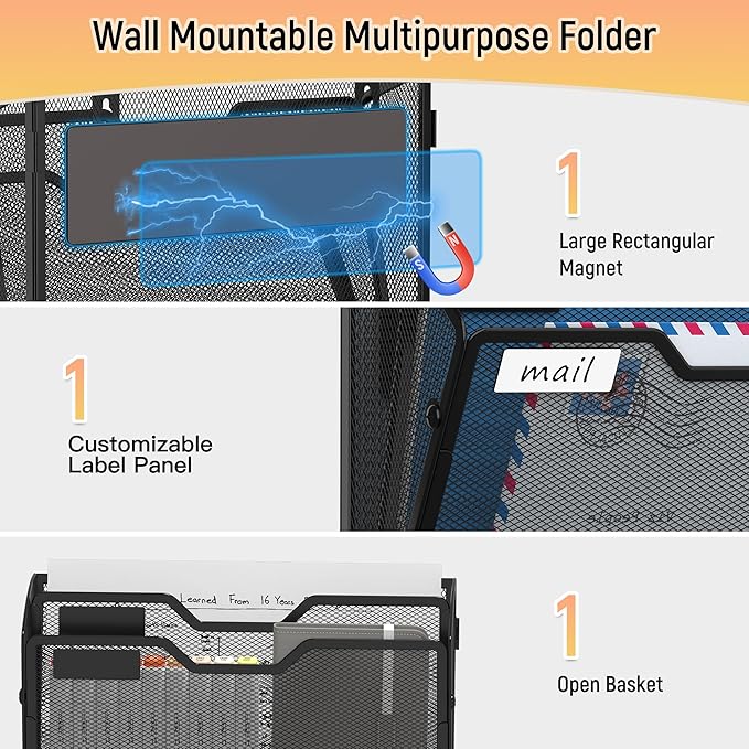 Docnest 2 Tier 3 Pack Magnetic Wall Mounted File Holders,Mesh Letter Organizer, Magnetic Hanging Mail Paper Document Organizer for Office, Home, School, Black
