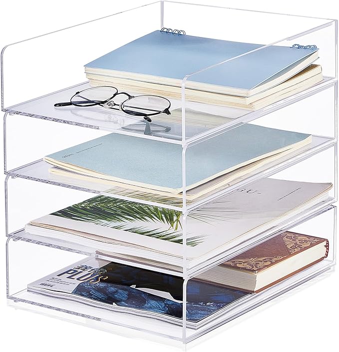 Harloon 4 Tier Acrylic Paper Tray 12 x 9.3 x 2.7 Inches Stackable Letter Clear Organizer No Need to Assemble Acrylic Paper File Organizer for Office Workspace Desktop Storage(Transparent)