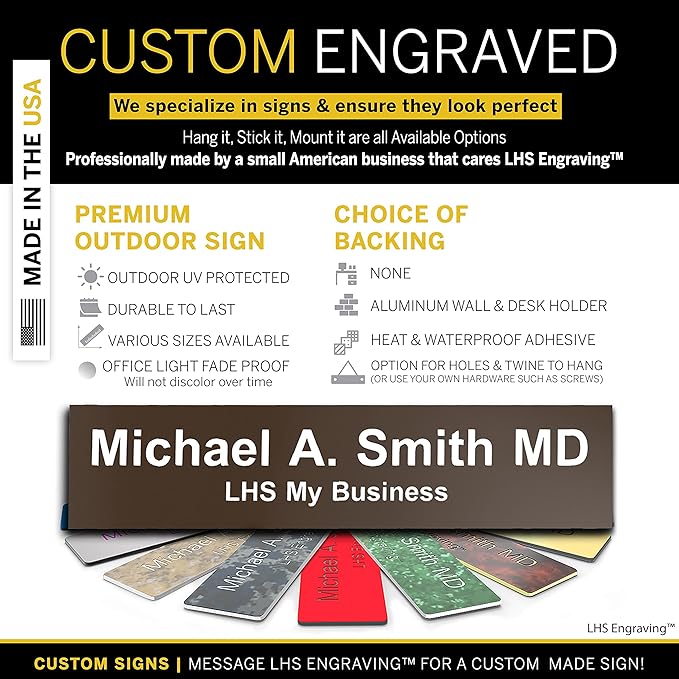 Door Name Plate Personalized for Office Brown Plastic Name Plate with White Letters - Made in USA 2x8 B25