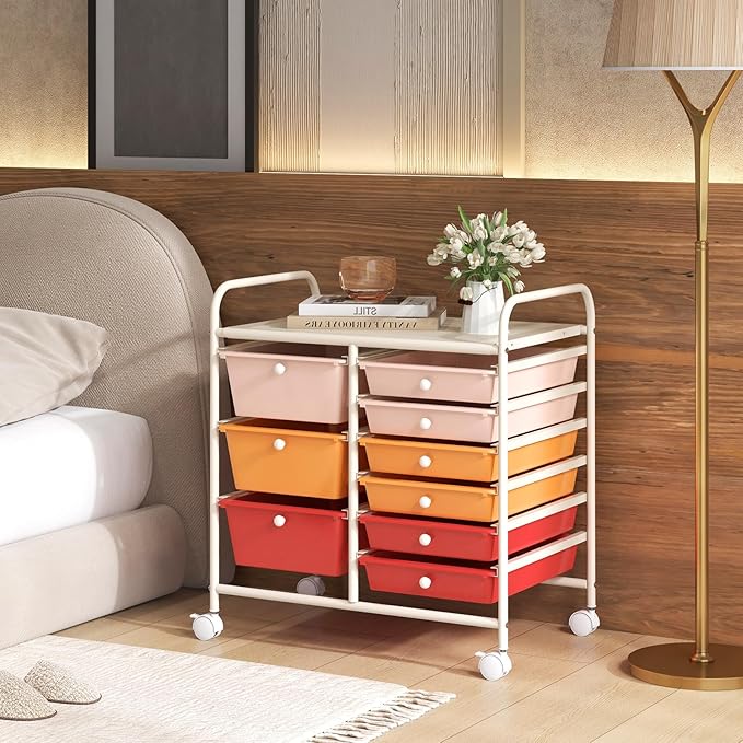 LDAILY 9 Drawer Rolling Storage Cart, Rolling Cart with Drawers for Classroom, Art Supply Craft Organizer on Wheel with Metal Frame & Handles for Home Office School