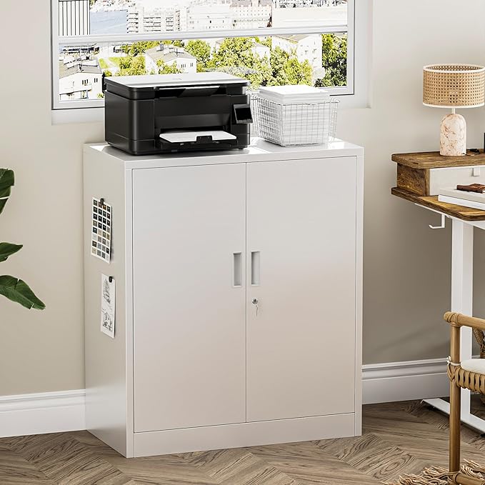 TaskStorz Metal Garage Storage Cabinets，36" Steel File Cabinet with 2 Adjustable Shelves, Lockable Storage Cabinets for Office, Home, Garage, Warehouse 36" H x 32" W x 16" D (White)