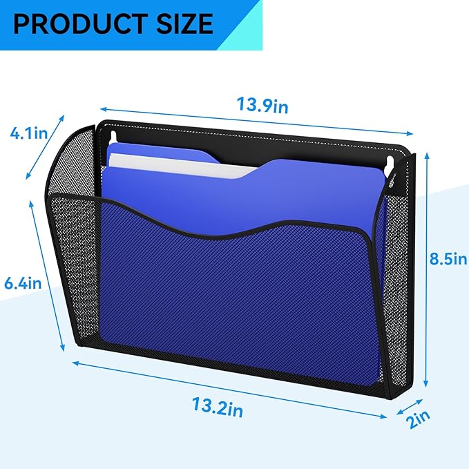 GDINDINFAN 6 Single Pocket Wall File Holder, Mesh Hanging File Folder Paper Organizer, Vertical Wall Mounted Mail Basket, Storage Organization Magazine Rack for Office, Home and School, Black