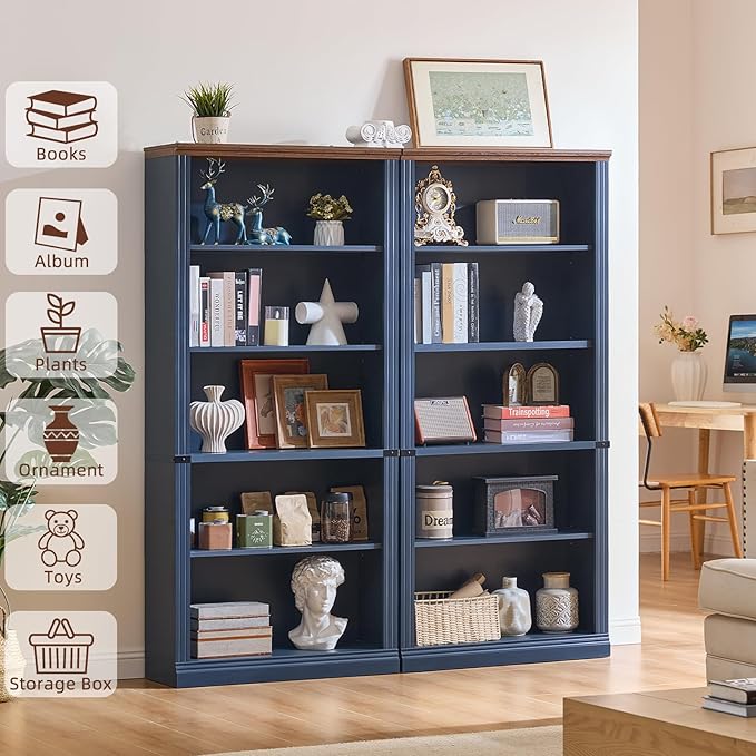 RWYHG 70" Blue Tall Bookshelf,5-Tier Thick Wooden Book Shelf with Adjustable Shelves,Free Standing Farmhouse Bookcase with Open Display Storage,Floor Vintage Bookshelves for Living Room,Office
