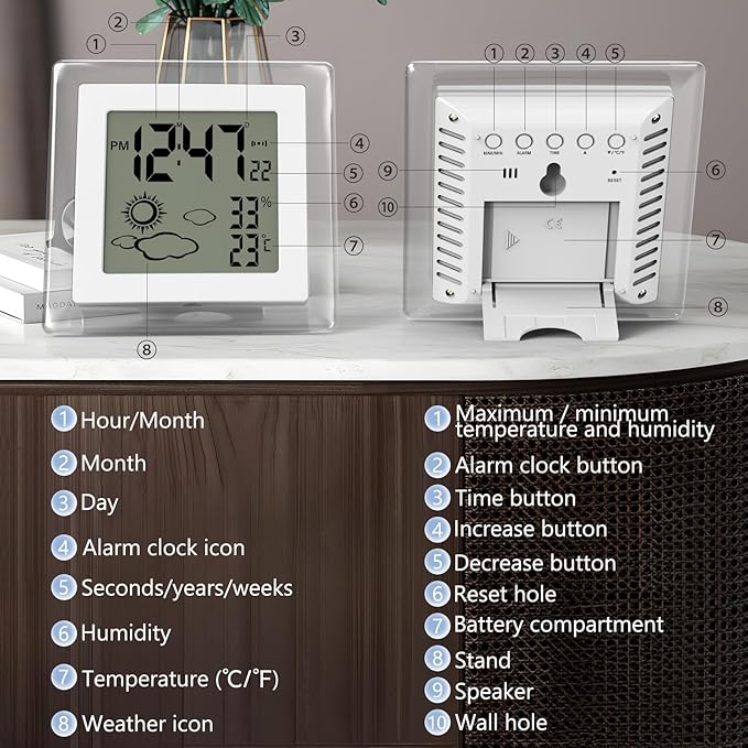 VOILEIPAGI Small Clock Digital Battery Operated Alarm Clock with Auto Backlight, Indoor Temperature Humidity, 12/24H, Date, Travel Alarm Clock Desk Clock Small Clock for Shelf (Battery Included)