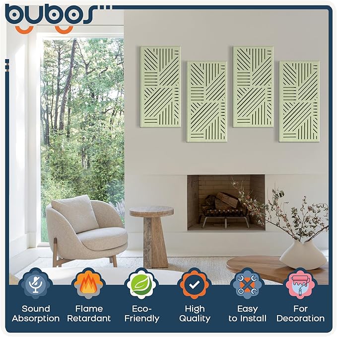 BUBOS 4 Pack Thickened Acoustic Panels, 23.6''x11.8'' Self-Adhesive Sound Absorbing Cavity Acoustic Wall Panels for Theater Studio Room Recording Room Gaming Room Meeting Rooms,VortexCore Green