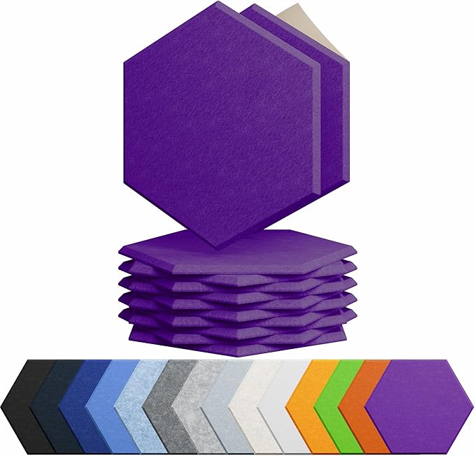 Amantech 12 Pack Acoustic Panels Self Adhesive Sound Proof Foam, High Density Sound Acoustic Panel, 12X10.23X0.4 Inch Hexagon Panels in Home, Office, Reccording Room, Studio,and more(Violet)