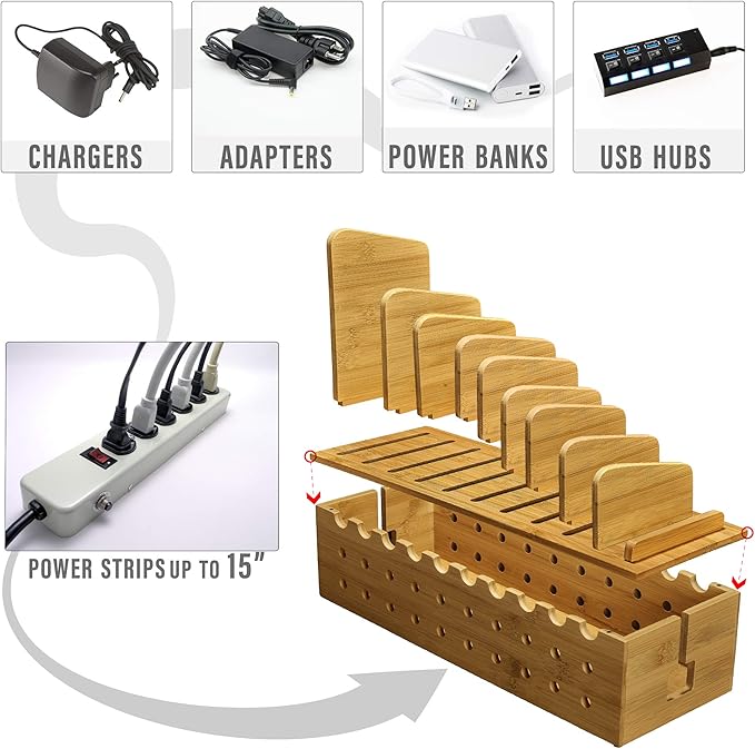 Prosumer's Choice Multi Device Charging Station - Bamboo Charging Dock and Cord Organizer for 10 Devices - Bamboo Desk Organizer Rack with Cable Box for Power Strip Storage, Phones and Tablets