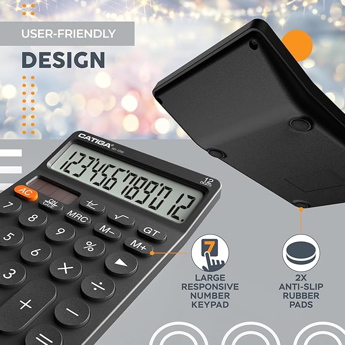 CATIGA 12 Digit Desktop Calculator with Large LCD Display, 4 Funtions Calculator, Round Design Big Button, Solar and Battery Dual Power, Standard Function for Office, Home, School, SD-1292