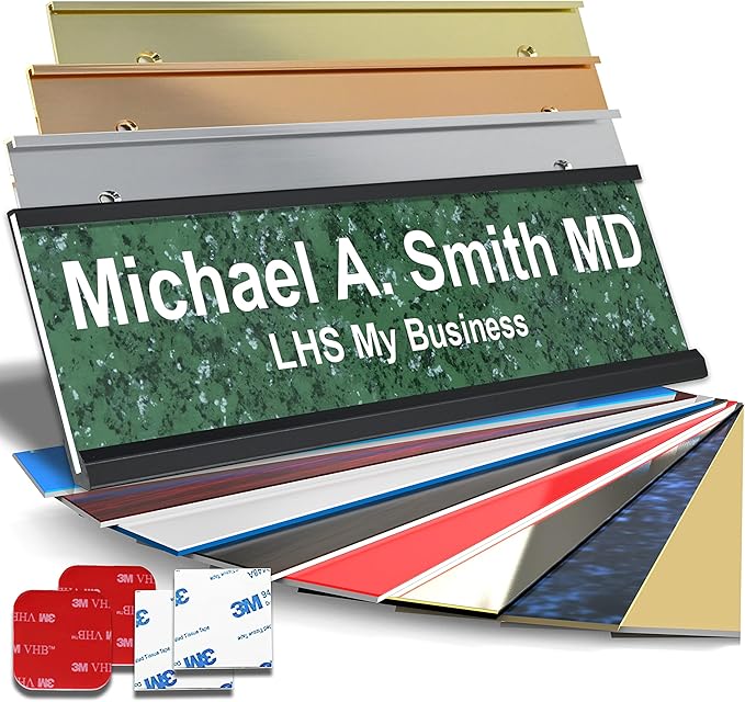 Personalized Name Plate with Choice of Mounting Holders for Walls, Doors, Cubicles, Hanging and More - Custom Verde Green Marble Plastic White Letters - USA Made 2x12 - S4