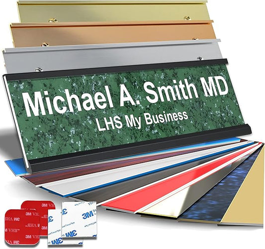 Personalized Name Plate with Choice of Mounting for Walls, Doors, Desk Holders, Cubicles, Hanging and More - Custom Verde Green Marble Plastic White Letters - USA Made 2x8 - S4