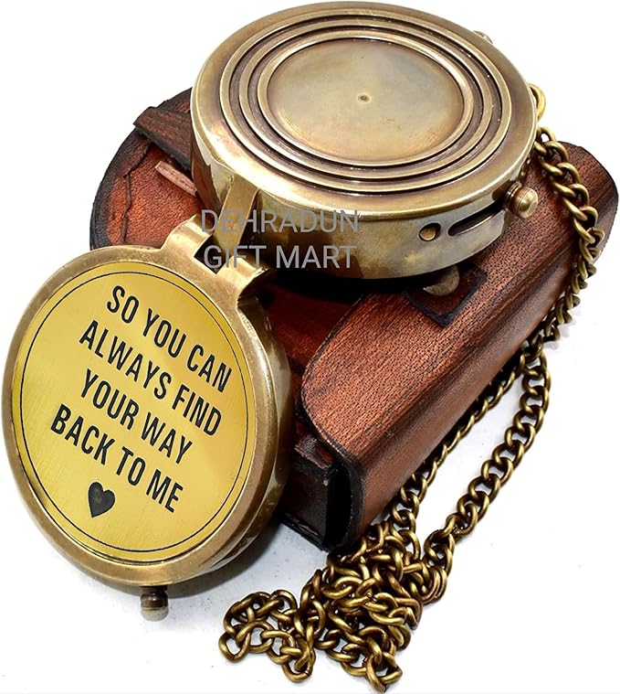 So You Can Always Find Your Way Back to Me Vintage Brass Compass with Chain & Wooden Box – Engraved Nautical Pocket Compass Inspirational Travel Keepsake Couple Gifts