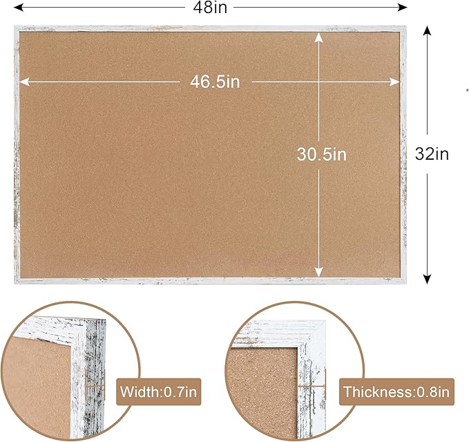 Cork Bulletin Board, 48 X 32 Inches White Framed Message Vision Board, Large Wall Mounted Notice Memo Pin Board with 28 Push Pins