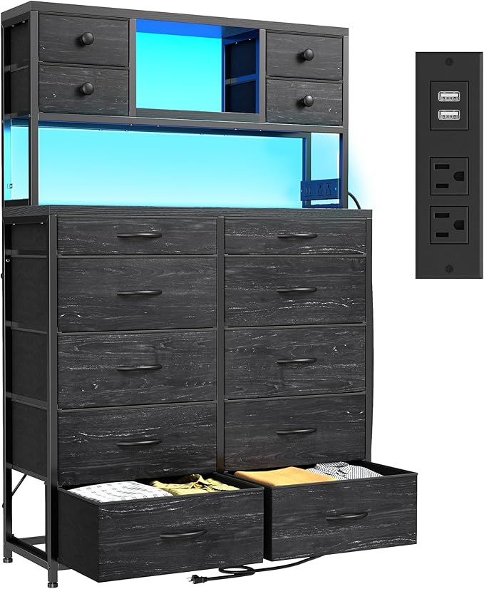 EnHomee Black Dresser with Multiple Fabric Drawers, Dresser for Bedroom with Charging Station and LED Lights,Dressers & Chests of Drawers for Bedroom, Steel Frame & Wooden Top, Entryway