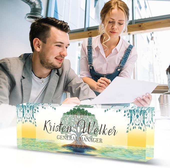 AZUFEMOS Personalized Acrylic Desk Name Plate Custom Employee Appreciation Gifts Office Gifts for Women, Men, Boss, Coworkers, Teacher, Nurse (Tree of Life)