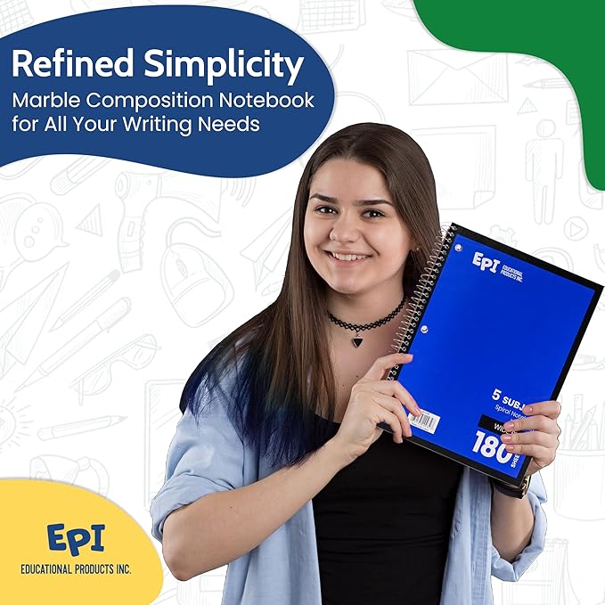 EPI Spiral Notebook | 5 Subject - Wide Ruled - 180 Sheets, Durable Spiral Binding | 10.5 x 8 in | Classroom Supplies | School, Office, Note Taking, Journaling - 6 Pack