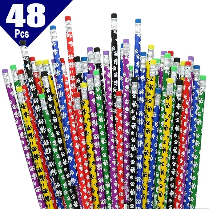 GiftExpress 48 Pcs Paw Print Pencils for Kids, Colorful Assortment Wooden Pencil with Eraser for School Supplies, Classroom Prize