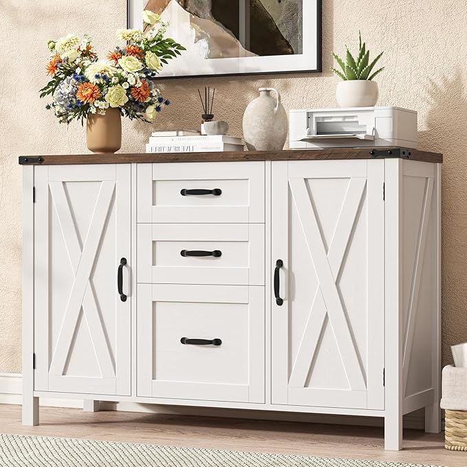 Vabches File Cabinet with 3 Drawers, Farmhouse Lateral File Cabinet Fits Files Letter/A4 Size, Wooden Filing Cabinet with Door and Adjustable Shelves Printer Stand for Home Office, Rustic White
