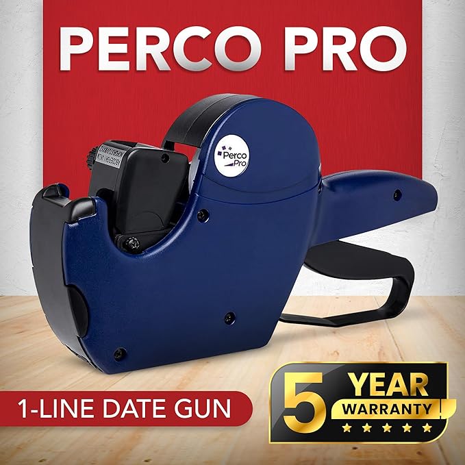 Perco Pro 1 Line Date Gun, 8 Digit 1 Line Date Label Gun Preloaded with Roll of 1000 White Labels, Preloaded Ink Roll