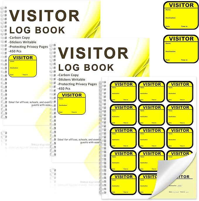 2 Pack Visitor Badges with Carbon Copy Visitor Stickers Letter Size Visitor Log Book Protecting Privacy Pages Register Book Business Guest Name tag for School Clinics Church 900 Badges 120 Memo Pages