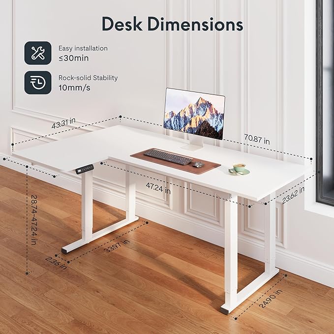 SANODESK 4-Leg L Shaped Standing Desk, Electric Height Adjustable Desk with Memory Presets for Home Office, Stand up Desk Computer Workstation, 78x43 Inches White