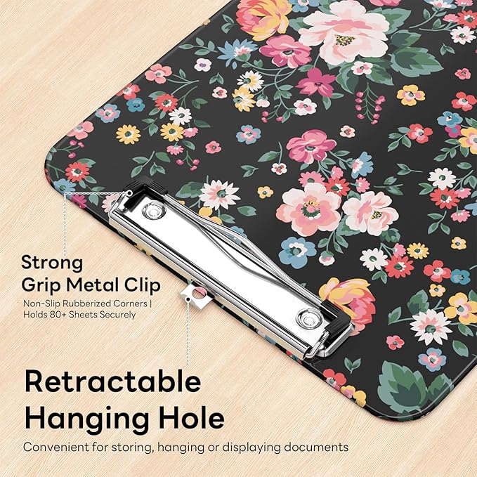 Luminzo Plastic Cute Clipboard Low-Profile Metal Clip, A4 Letter Size 9 x 12.5 in, 8.5 x 11 Paper Clip Board for Teachers, Nurses, Classroom,Vintage Flower