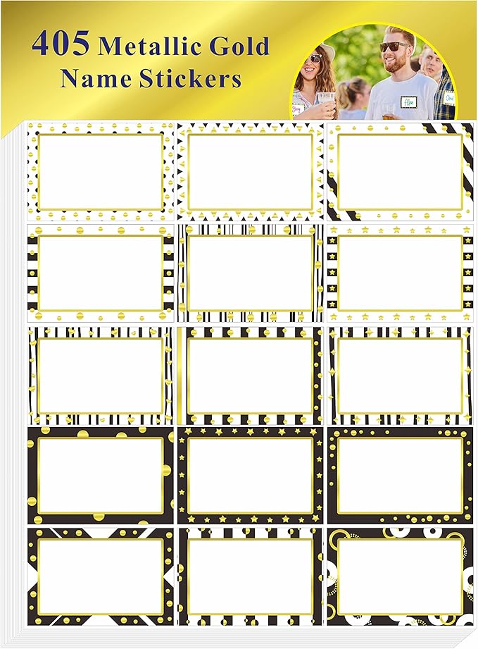 405 PCS Gold Metallic Name Tag, Blank Name Labels in 15 Designs with Permanent Adhesive Writable White Name Tag Stickers for School Office Home (Each Measures 3" x 2")