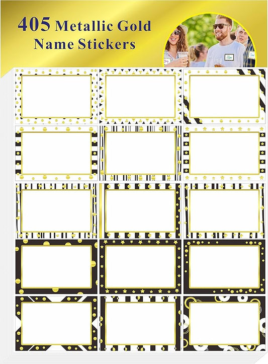 405 PCS Gold Metallic Name Tag, Blank Name Labels in 15 Designs with Permanent Adhesive Writable White Name Tag Stickers for School Office Home (Each Measures 3" x 2")