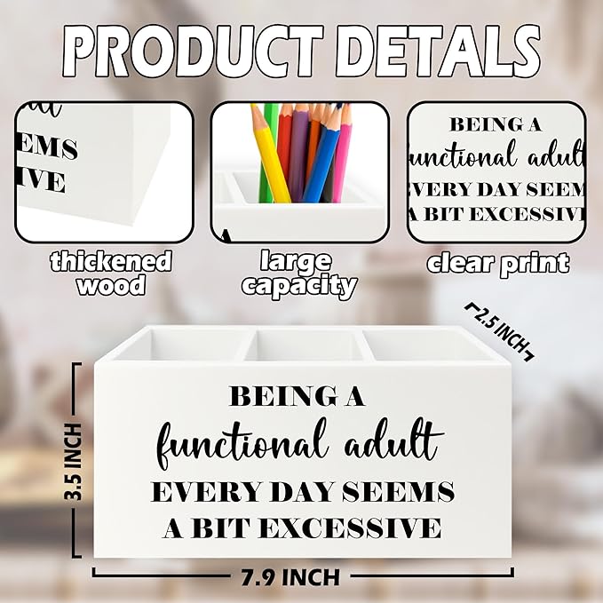 XPH Funny Pen Pencil Holder Organizer for Desk, Sarcastic Gifts for Women Men Coworkers, Adult Humor Gifts, Being a Functional Adult Funny Wooden Box Sign for Home Office Desk Tabletop Decorations