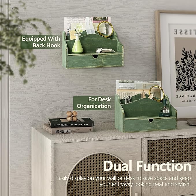 Pine Wood Mail Organizer for Desk - Rustic Style Mail Sorter Countertop Organizer for Files, Letters & Small Items - Farmhouse Letter Holder with Drawer for Office Desk & Home Decor (Green)