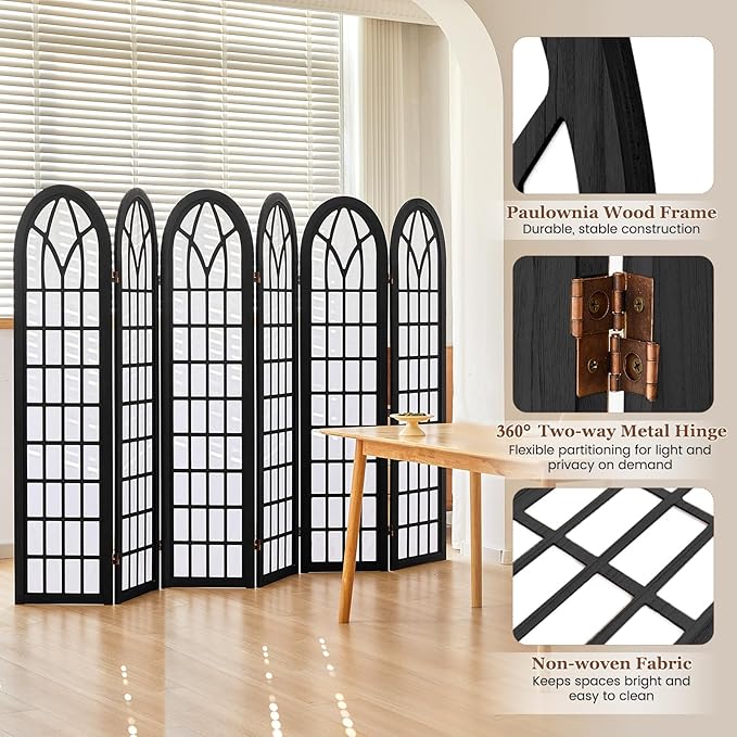 Asnefeli 6 Panel Japanese Room Divider, Shoji Style Partition Divider, Fully Assembled Wooden Privacy Screen for Home Office Bedroom Apartment Decoration, Black