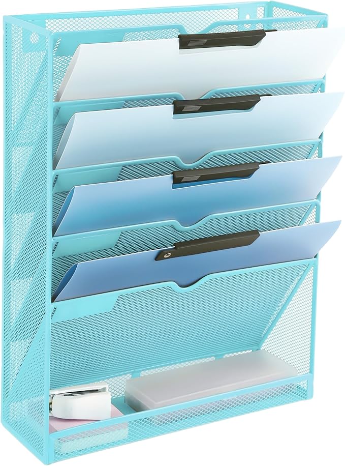 EASEPRES 6 Tier Mesh Hanging Wall File Organizer, Desk Vertical Mail Paper Document Folder Holder Rack with Bottom Tray and Nametag Label for Office Home School, Blue