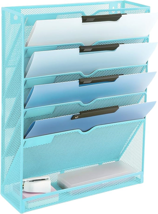 EASEPRES 6 Tier Mesh Hanging Wall File Organizer, Desk Vertical Mail Paper Document Folder Holder Rack with Bottom Tray and Nametag Label for Office Home School, Blue