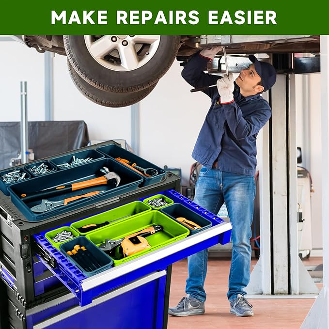 FLYVOLE Tool Box Organizer Tray, Toolbox Desk Drawer Organizer, Tool Box Tray, Toolbox Organization Storage for Rolling Tool Chest (60PCS (Blue+Green))