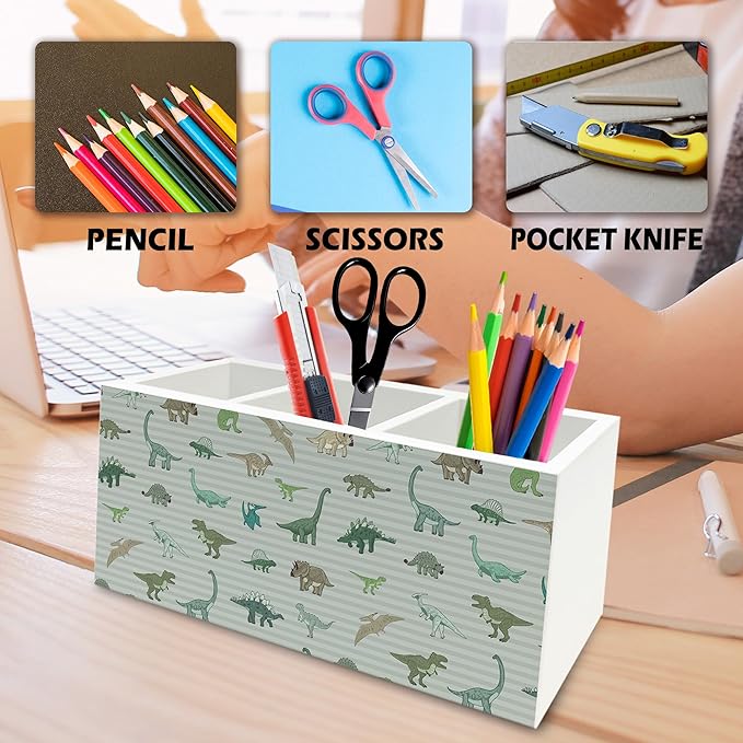QZQE Dinosaur Gifts Pen Pencil Holder Organizer for Desk, Dinosaur Gifts for Boys Kids, Dino Striped Wooden Box Signs Decorations for Home Classroom Kids Boys Room Bedroom Desk Tabletop