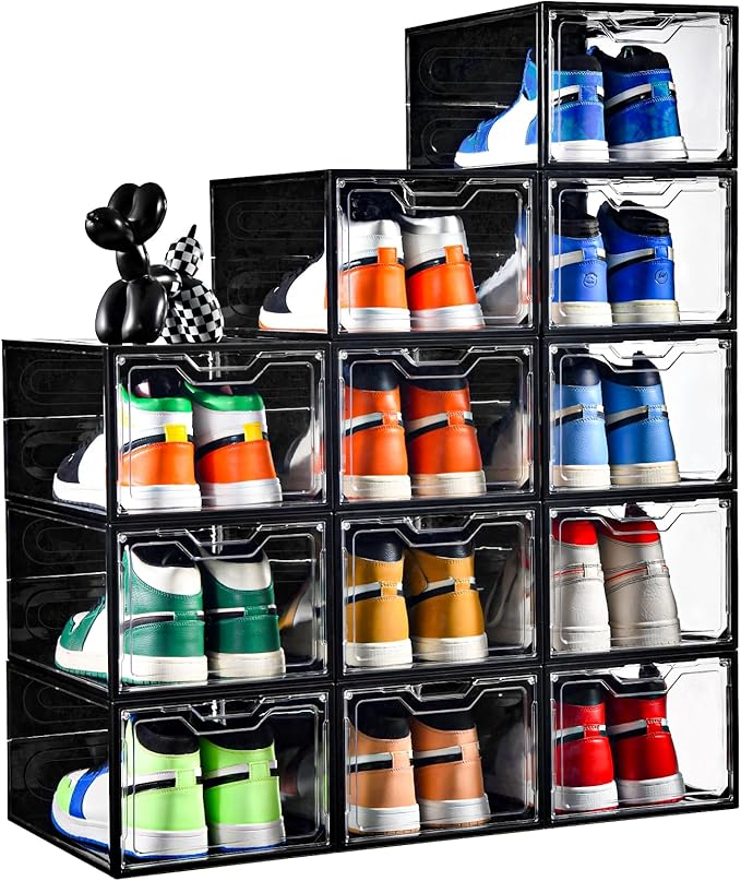 Stebopum 12 Pack Stackable Shoe Storage Organizer with Magnetic Door, Shoe Boxes Clear Black Plastic for Closet, Shoe Rack for Sneaker Boot Container, Shoe Cabinet Fit up to US Size 12