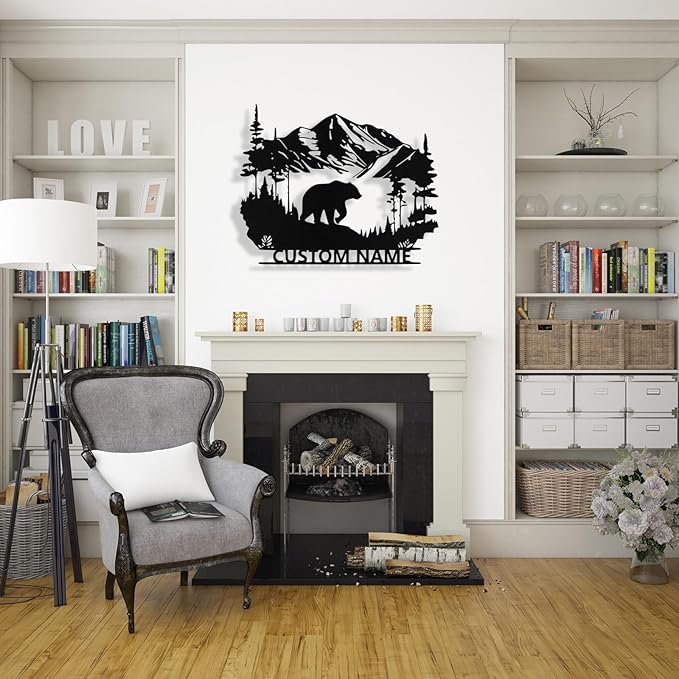 Custom Bear Metal Sign, Custom Bear Metal Wall Art Decor, Personalized Last Name Signs for Home, Rustic Farmhouse Black Wall Decor for Cabin, Bedroom, Living Room, Porch