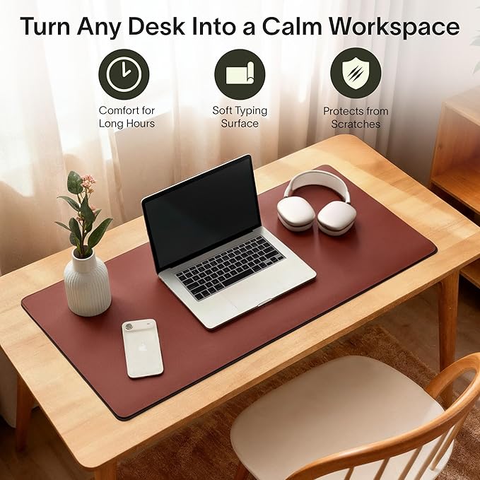 Nordik Felt and Leather Desk Mat - Emberwood Brown - 35x17 Inch Felt and Vegan Leather Desk Blotter with Document Hideaway - Large Computer Mats for Desktop - Ideal Keyboard Mat for Office and Home