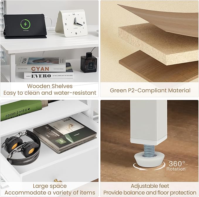 Edbuosy 27 Inch Wide Night Stand with Charging Station, Wood Nightstand with Open Shelf, Large Drawer Bedside Table for Living Room/Bedroom/Office (White)