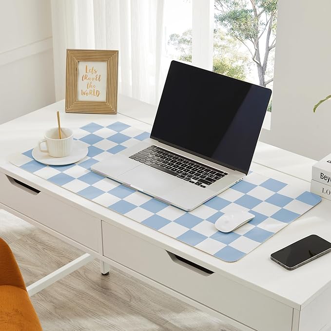 Ohocut Checkered Desk Mat, Large Cute Aesthetic Retro PU Leather Computer Laptop Desk Mat, Non-Slip Waterproof Mouse Keyboard Pad, Desk Writing Mat for Work/Home (Blue, 23.6" x 13.7")